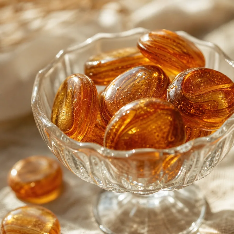 Amber Harvest Drops: warm honey-amber and golden hard candy drops in a small clear cut-glass dish illuminated by afternoon light.