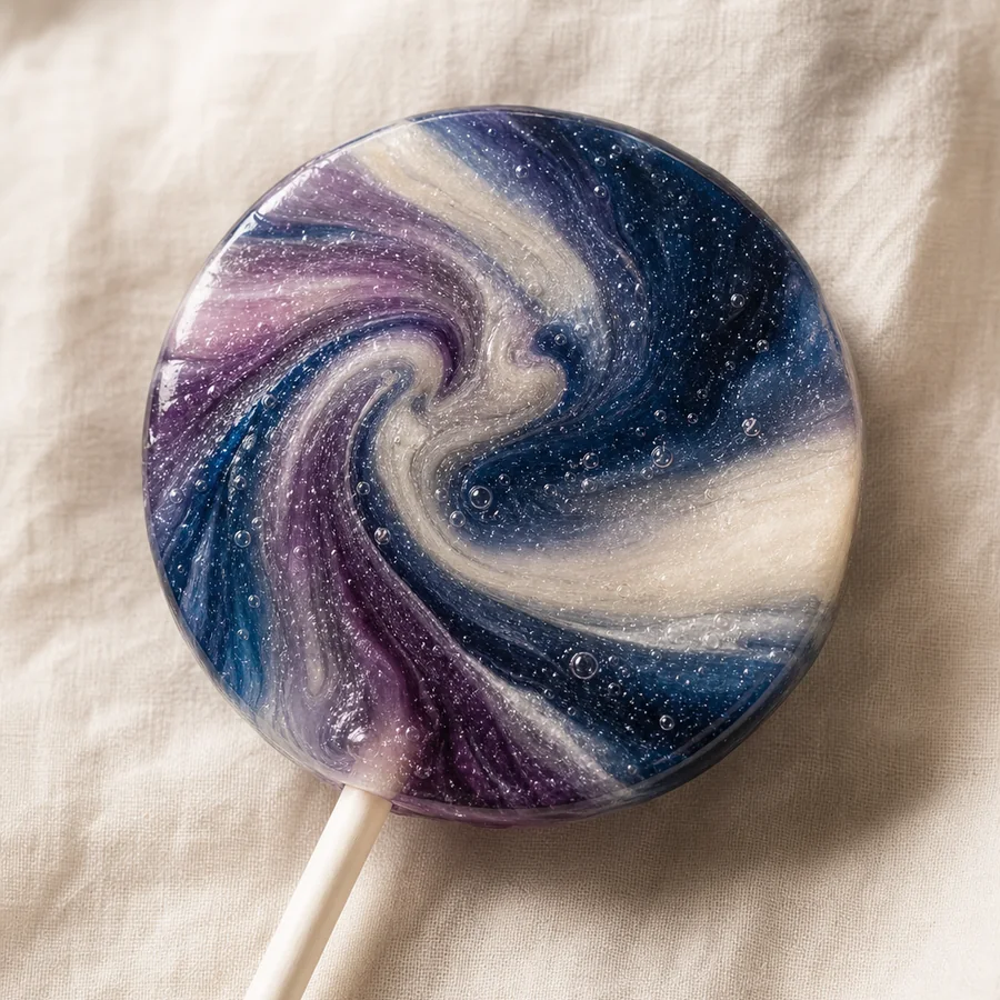 Celestial Nebula Swirl Pop: a round handmade lollipop on a white paper stick with deep navy, muted violet, and pearlescent ivory sugar swirls on warm linen.