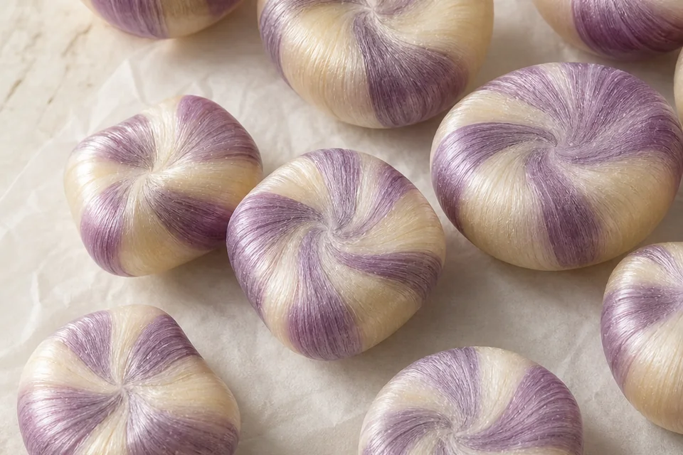 Velvet Dusk Spirals showing fine satin-textured lavender and cream pulled-sugar pinwheels with subtle handmade variation.