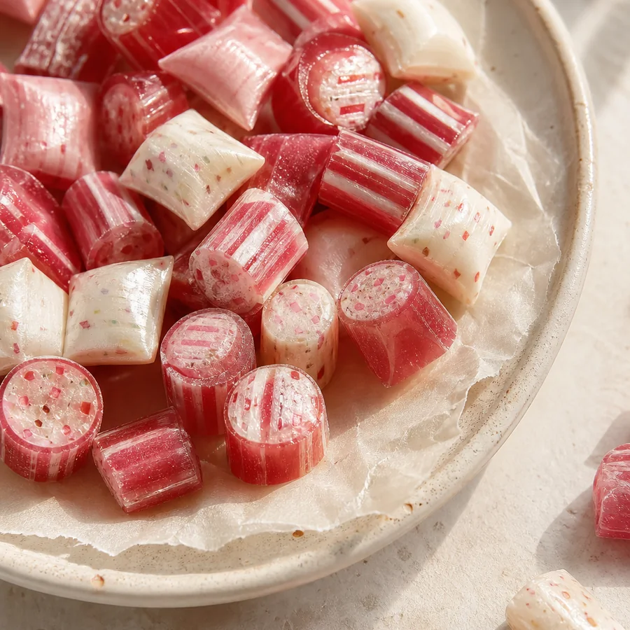Crimson Confetti Cuts: handcrafted red, blush pink, and cream pillow and cylinder hard candies with playful confetti speckles and stripes.
