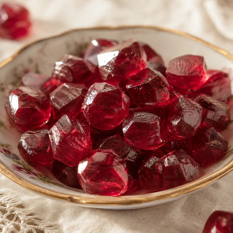 Garnet Sunburst Gems: glossy faceted ruby-red handmade hard candy drops arranged in a gold-rimmed porcelain saucer.