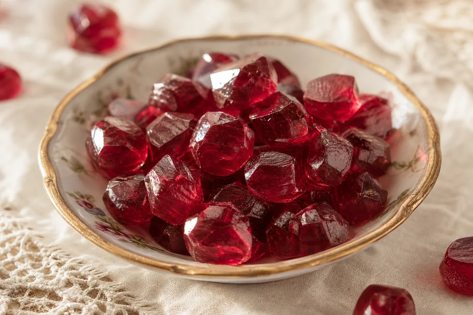 Garnet Sunburst Gems displayed in a vintage gold-rimmed saucer on warm linen, ready for dinner-table sharing.