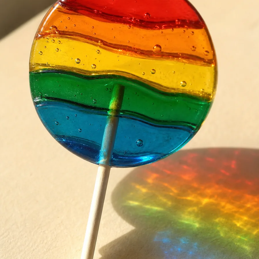 Spectrum Prism Lollipop casting colorful translucent light bands across a warm ivory surface.