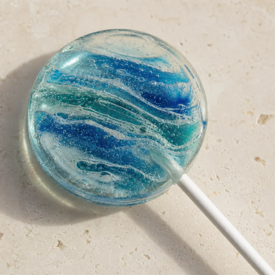Tideglass Ripple Pop: round clear lollipop swirled with coastal turquoise, deep blue, and frothy white sugar waves on stone.